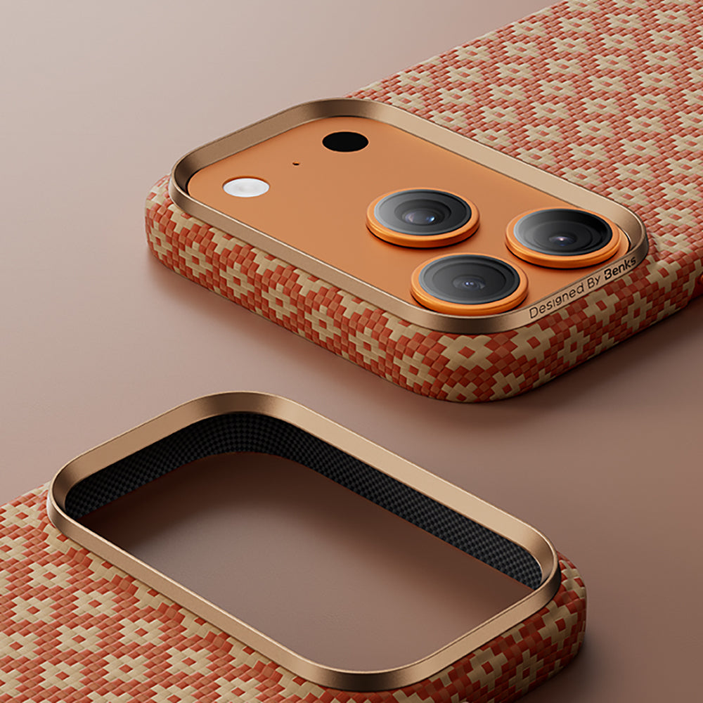 Apple iPhone 17 Pro Max Kılıf M-Safe Şarj Özellikli Benks ArmorAir ArmorGrid Serisi Kevlar Kapak Açık Turuncu