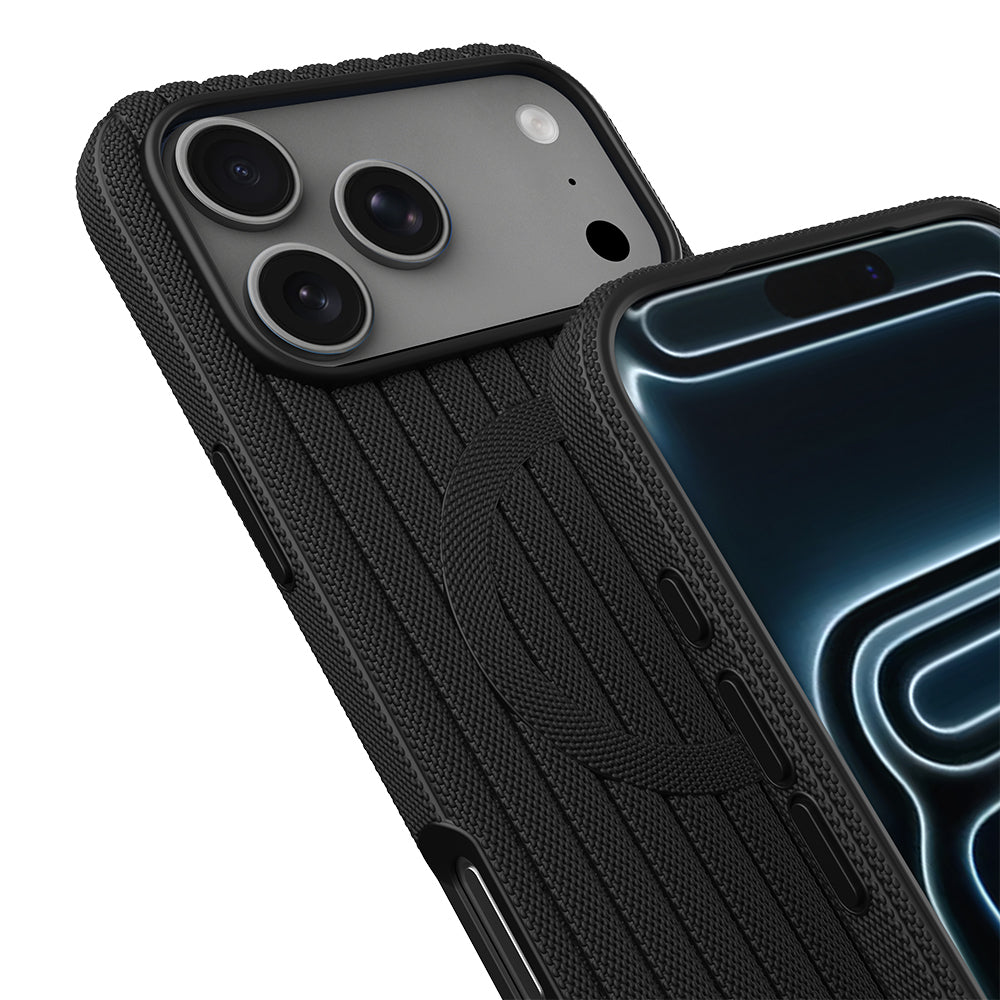 Apple iPhone 17 Pro Max Kılıf M-Safe Şarj Özellikli Çizgi Desenli Kumaş Dokulu Zore Paris Lorin Kapak Siyah