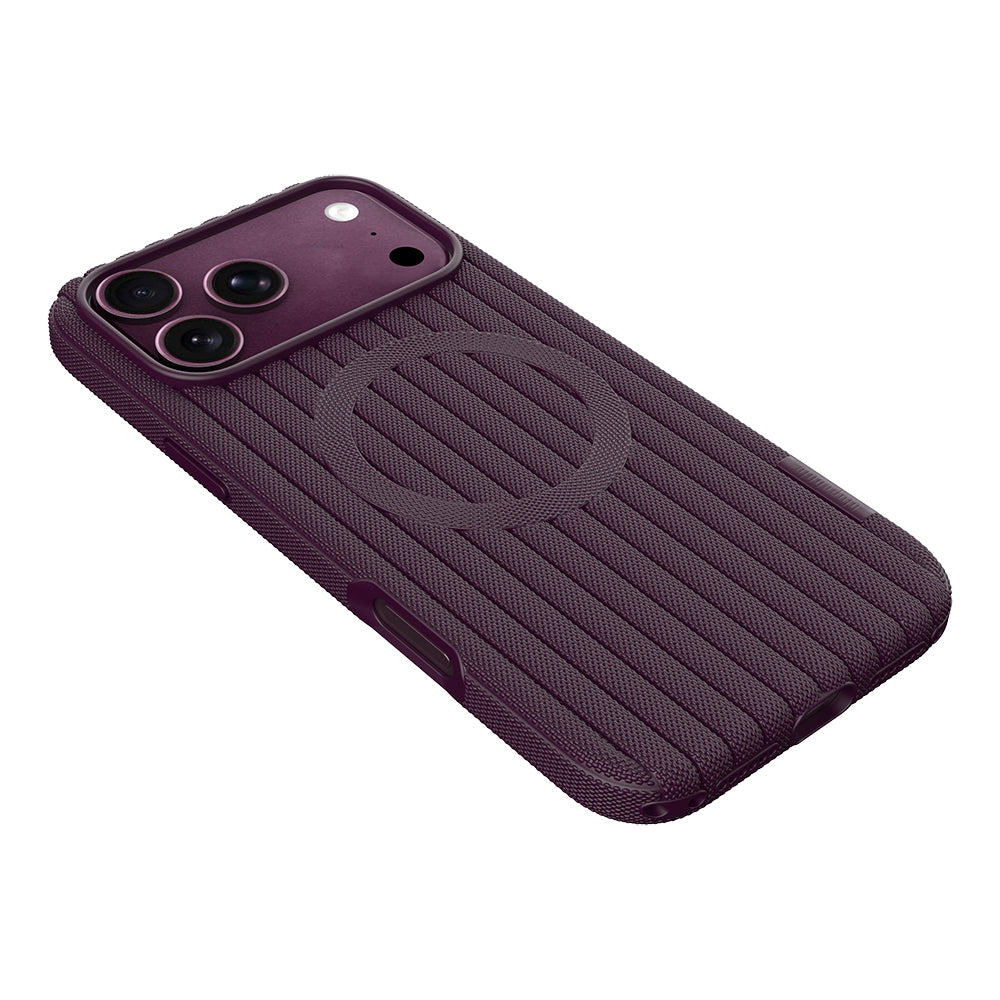 Apple iPhone 17 Pro Max Kılıf M-Safe Şarj Özellikli Çizgi Desenli Kumaş Dokulu Zore Paris Lorin Kapak Bordo