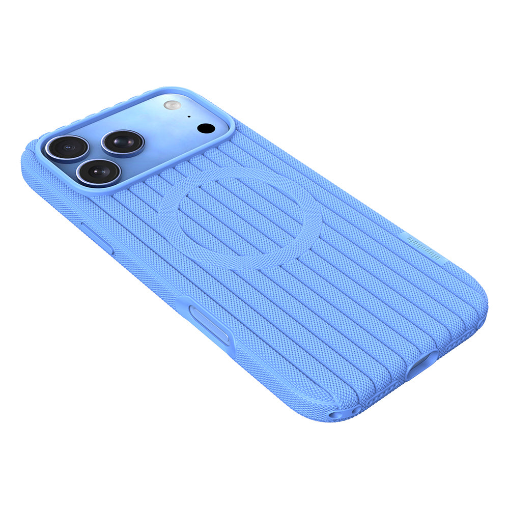 Apple iPhone 17 Pro Max Kılıf M-Safe Şarj Özellikli Çizgi Desenli Kumaş Dokulu Zore Paris Lorin Kapak Açık Mavi