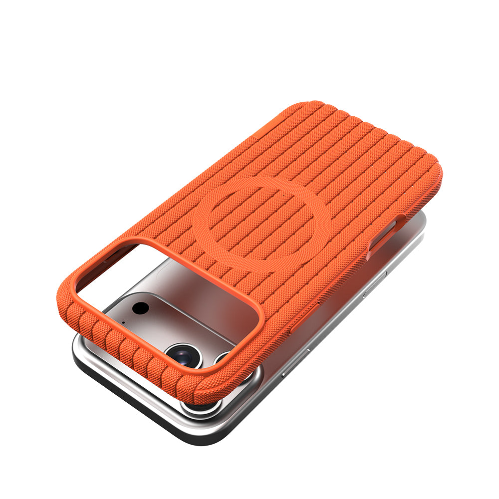Apple iPhone 17 Pro Max Kılıf M-Safe Şarj Özellikli Çizgi Desenli Kumaş Dokulu Zore Paris Lorin Kapak Turuncu