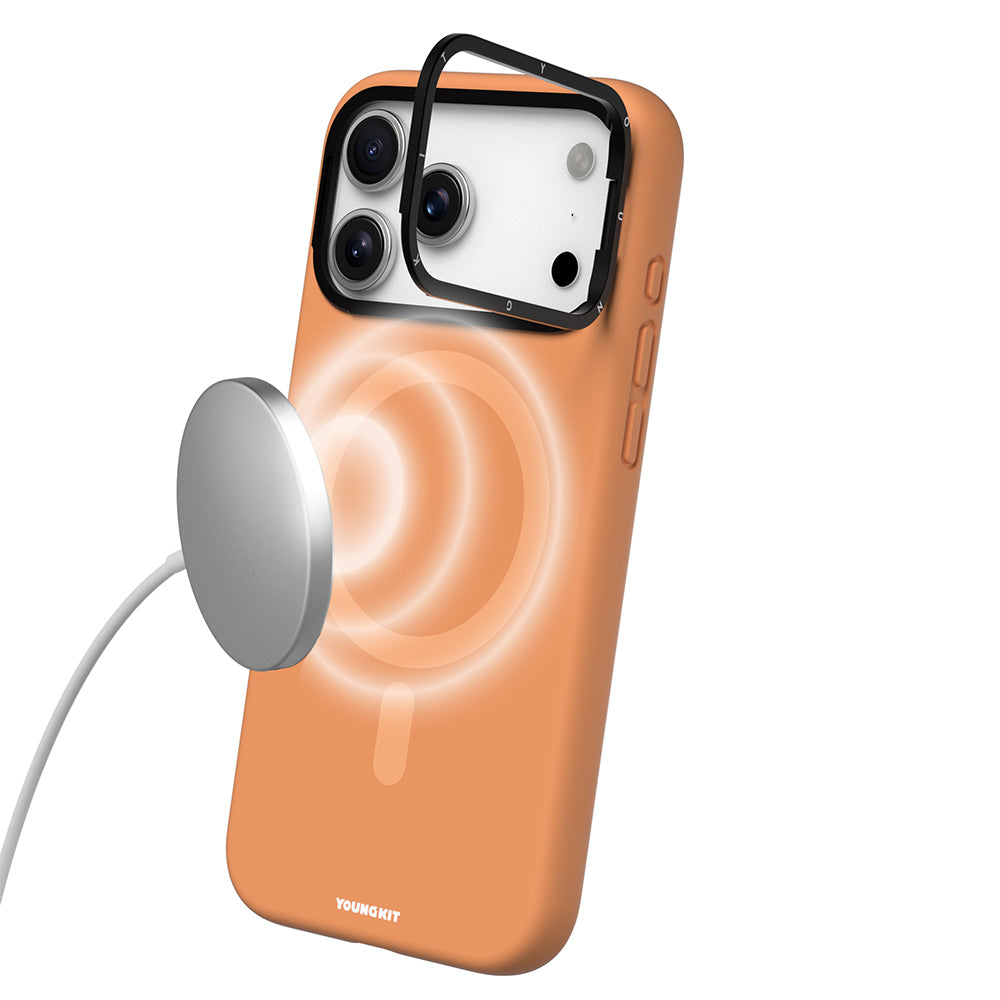 Apple iPhone 17 Pro Max Kılıf M-Safe Şarj Özellikli Kamera Standlı Youngkit Gel Cream Serisi Kapak Turuncu