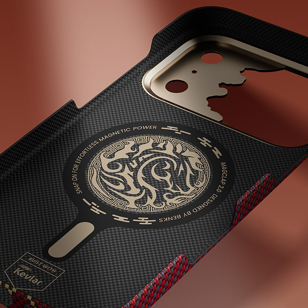 Apple iPhone 17 Pro Max Kılıf M-safe Şarj Özellikli Karbon Fiber Tasarımlı Benks Knight ArmorAir Kevlar Kapak Kırmızı