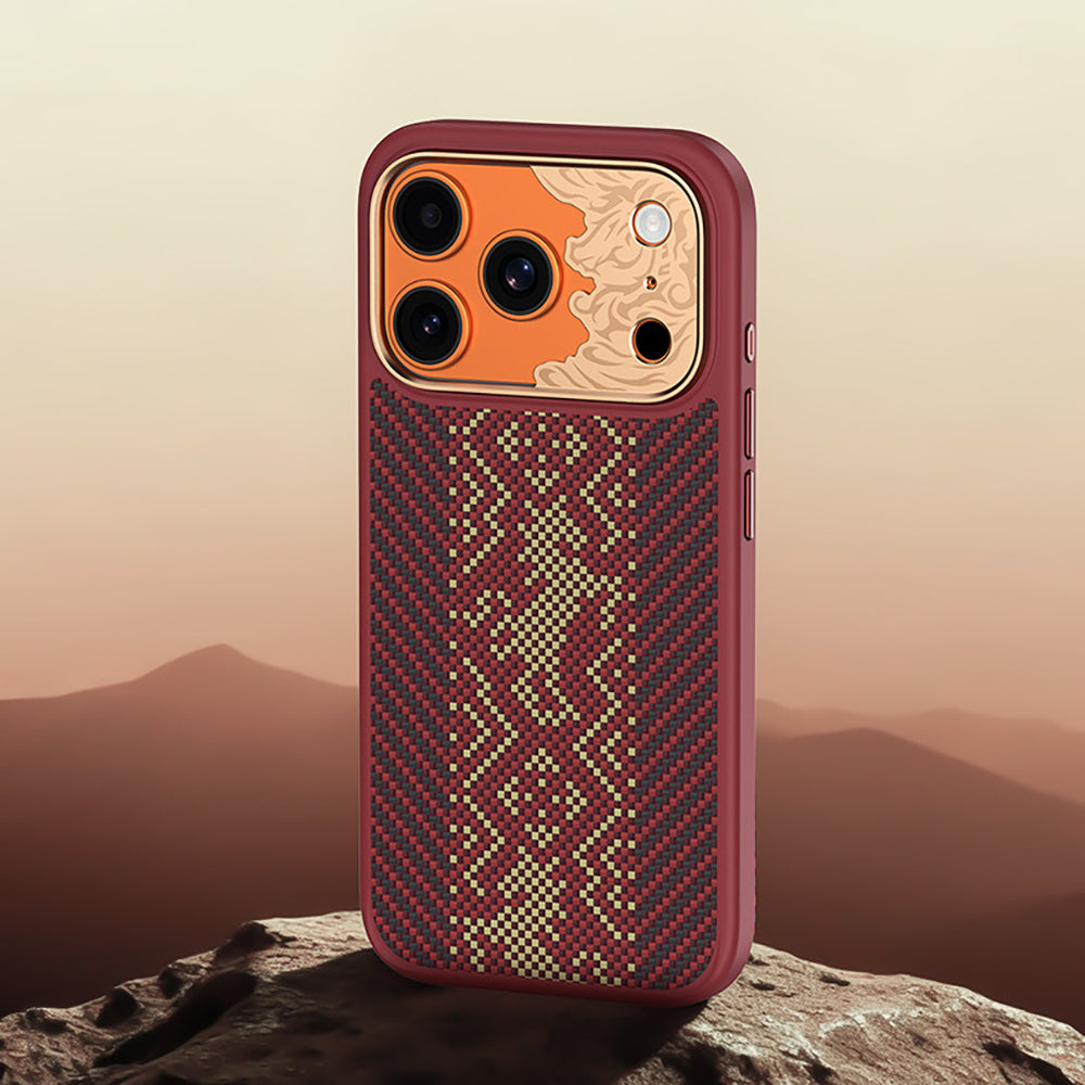 Apple iPhone 17 Pro Max Kılıf M-safe Şarj Özellikli Karbon Fiber Tasarımlı Benks Knight ArmorPro Kevlar Kapak Kırmızı