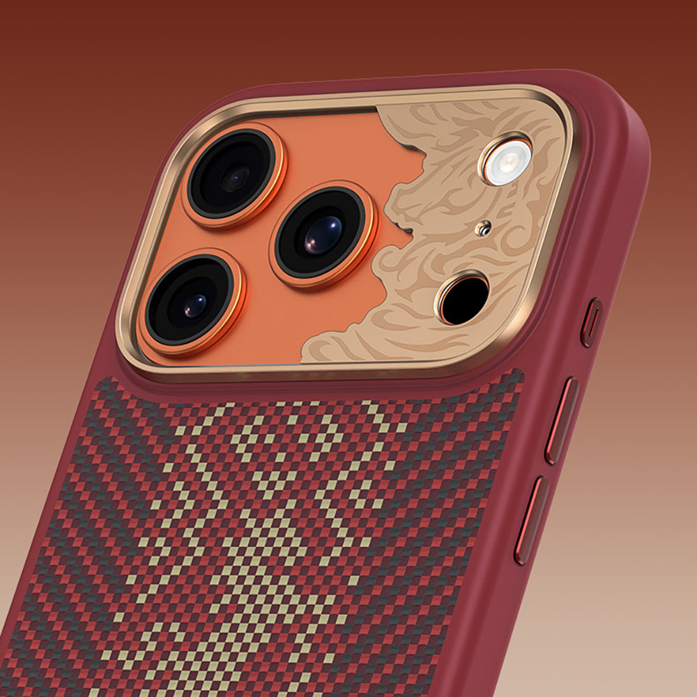 Apple iPhone 17 Pro Max Kılıf M-safe Şarj Özellikli Karbon Fiber Tasarımlı Benks Knight ArmorPro Kevlar Kapak Kırmızı