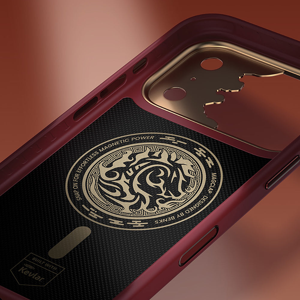 Apple iPhone 17 Pro Max Kılıf M-safe Şarj Özellikli Karbon Fiber Tasarımlı Benks Knight ArmorPro Kevlar Kapak Kırmızı