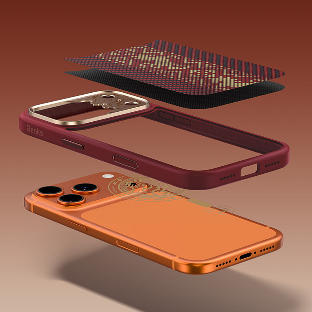 Apple iPhone 17 Pro Max Kılıf M-safe Şarj Özellikli Karbon Fiber Tasarımlı Benks Knight ArmorPro Kevlar Kapak Kırmızı