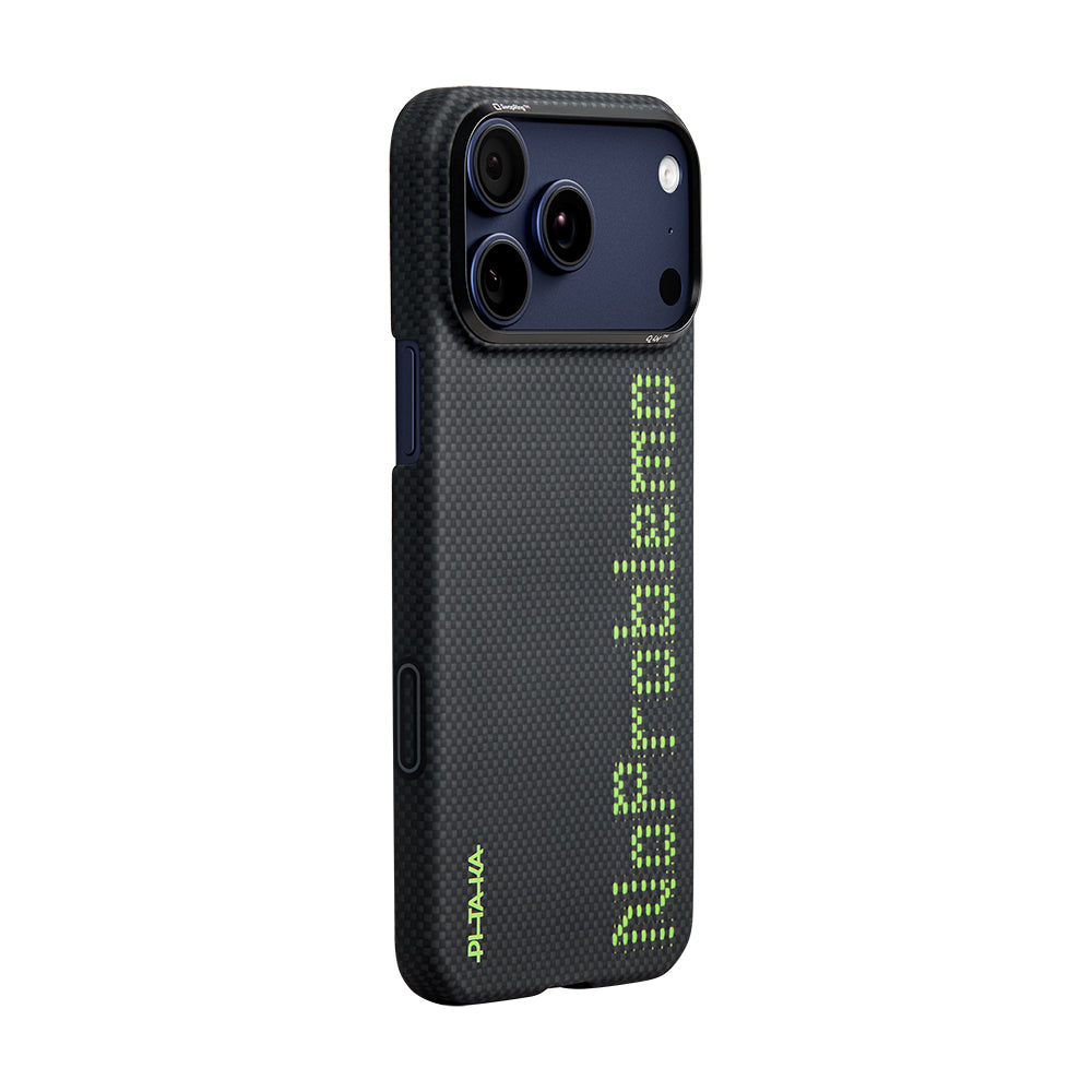 Apple iPhone 17 Pro Max Kılıf M-safe Şarj Özellikli Lumintex Teknolojili Fosforlu Aramid Fiber Pitaka Tactile Woven Aries Serisi Kapak Siyah