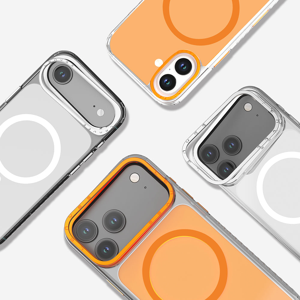 Apple iPhone 17 Pro Max Kılıf M-safe Şarj Özellikli Metal Kamera Çerçeveli Airbag Tasarımlı Lenyes CK221 Sert PC Kapak Turuncu