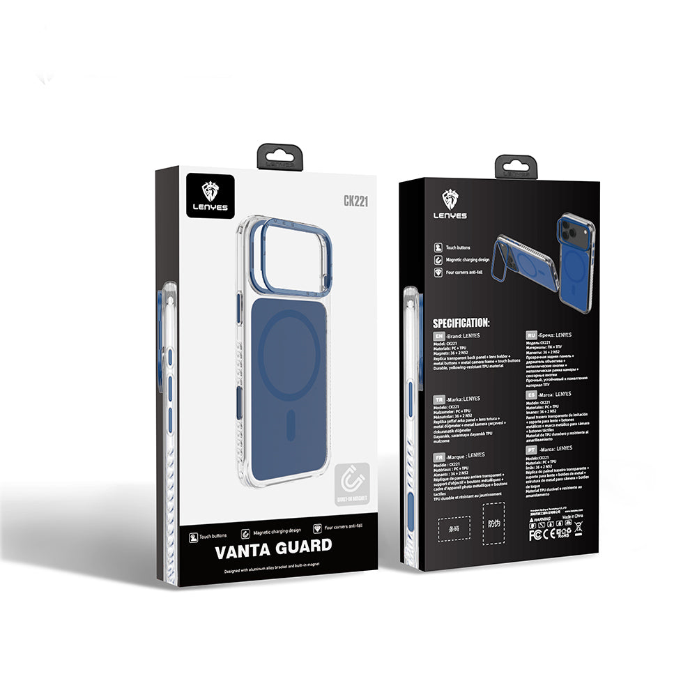 Apple iPhone 17 Pro Max Kılıf M-safe Şarj Özellikli Metal Kamera Çerçeveli Airbag Tasarımlı Lenyes CK221 Sert PC Kapak Mavi