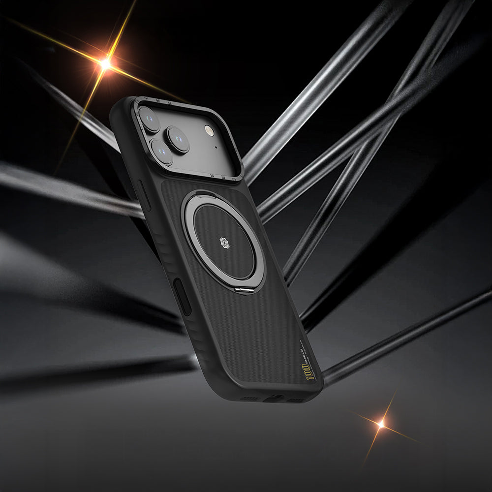 Apple iPhone 17 Pro Max Kılıf M-safe Şarj Özellikli Metal Standlı Lenyes CK225 Kevlar Kapak Siyah