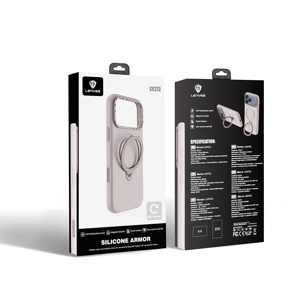 Apple iPhone 17 Pro Max Kılıf M-safe Şarj Özellikli Metal Standlı Sıvı Silikon Lenyes CK223 Kapak Pembe