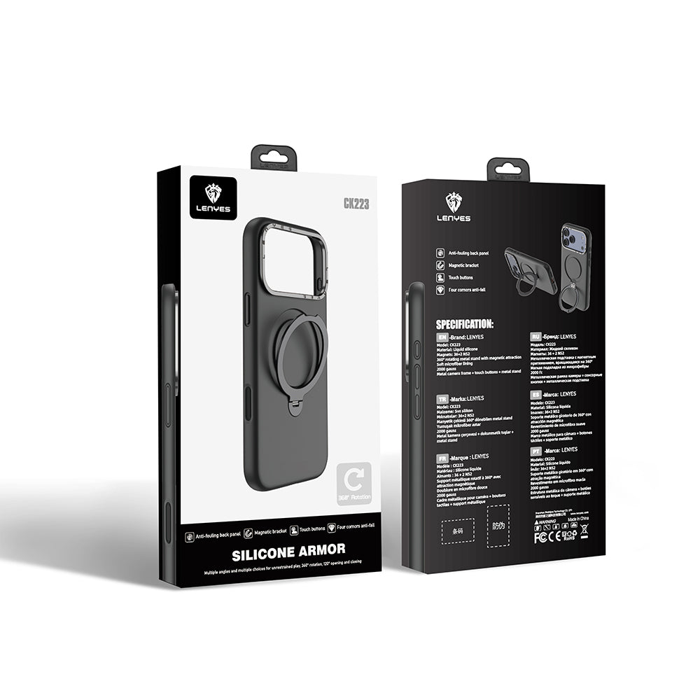 Apple iPhone 17 Pro Max Kılıf M-safe Şarj Özellikli Metal Standlı Sıvı Silikon Lenyes CK223 Kapak Siyah