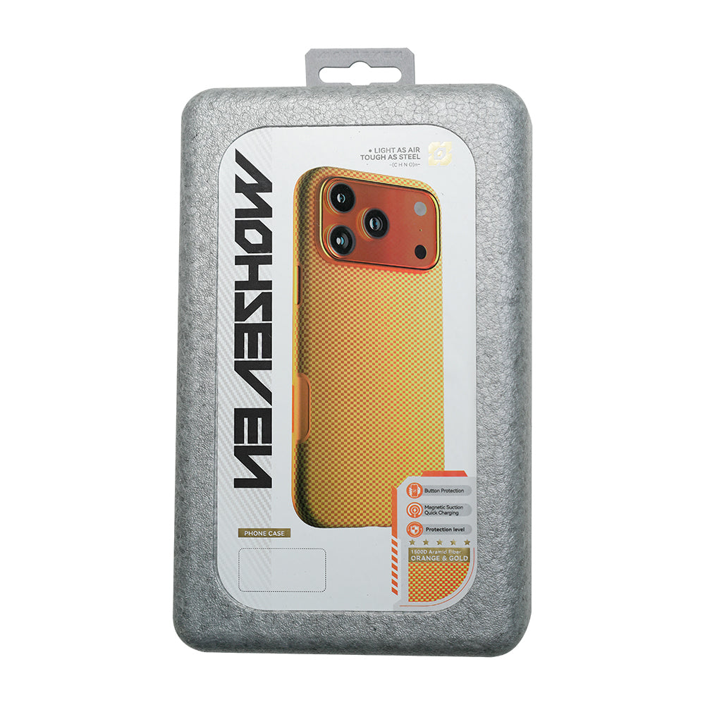 Apple iPhone 17 Pro Max Kılıf M-safe Şarj Özellikli Mohseven 1500D Aramid Fiber Kapak Turuncu-Gold