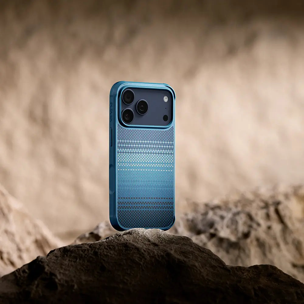 Apple iPhone 17 Pro Max Kılıf M-safe Şarj Özellikli Pitaka Tactile Woven Sunset-Moonrise Aramid Pro Guard Serisi Kapak Mavi
