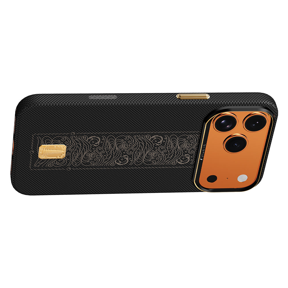 Apple iPhone 17 Pro Max Kılıf M-safe Şarj Özellikli Raptic Aramid Skin Rise Serisi 24 Ayar Altın Kaplamalı Kapak Siyah