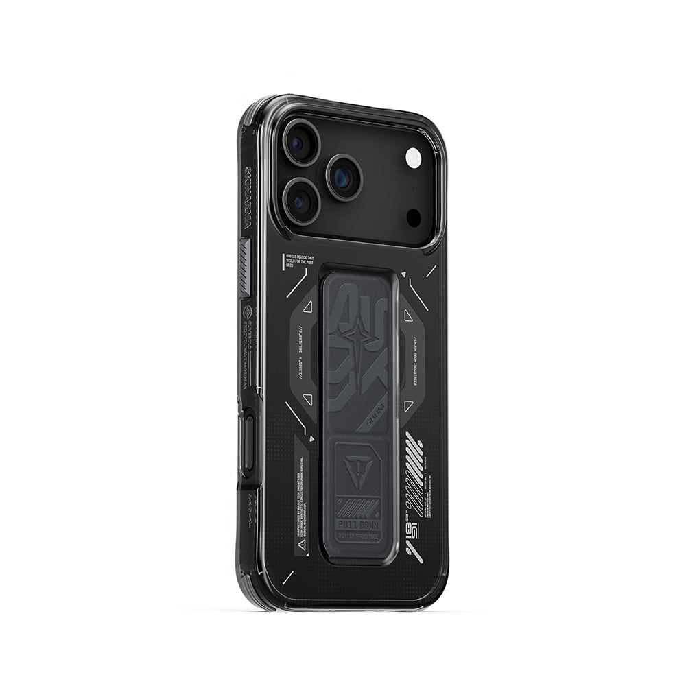 Apple iPhone 17 Pro Max Kılıf M-safe Şarj Özellikli Teknoloji Desenli Skinarma Helio Mag Charge Standlı Kapak Füme