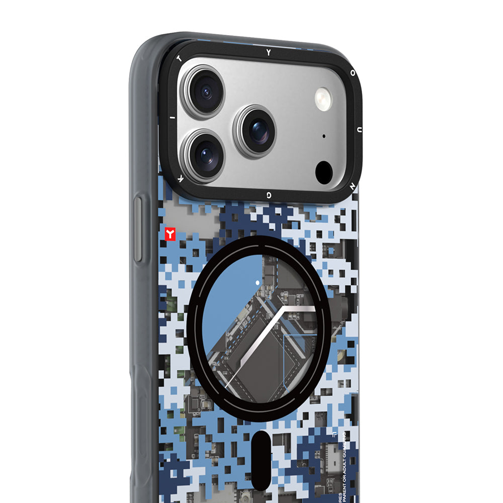 Apple iPhone 17 Pro Max Kılıf M-Safe Şarj Özellikli Youngkit Camouflage Sykell Serisi Kapak Mavi