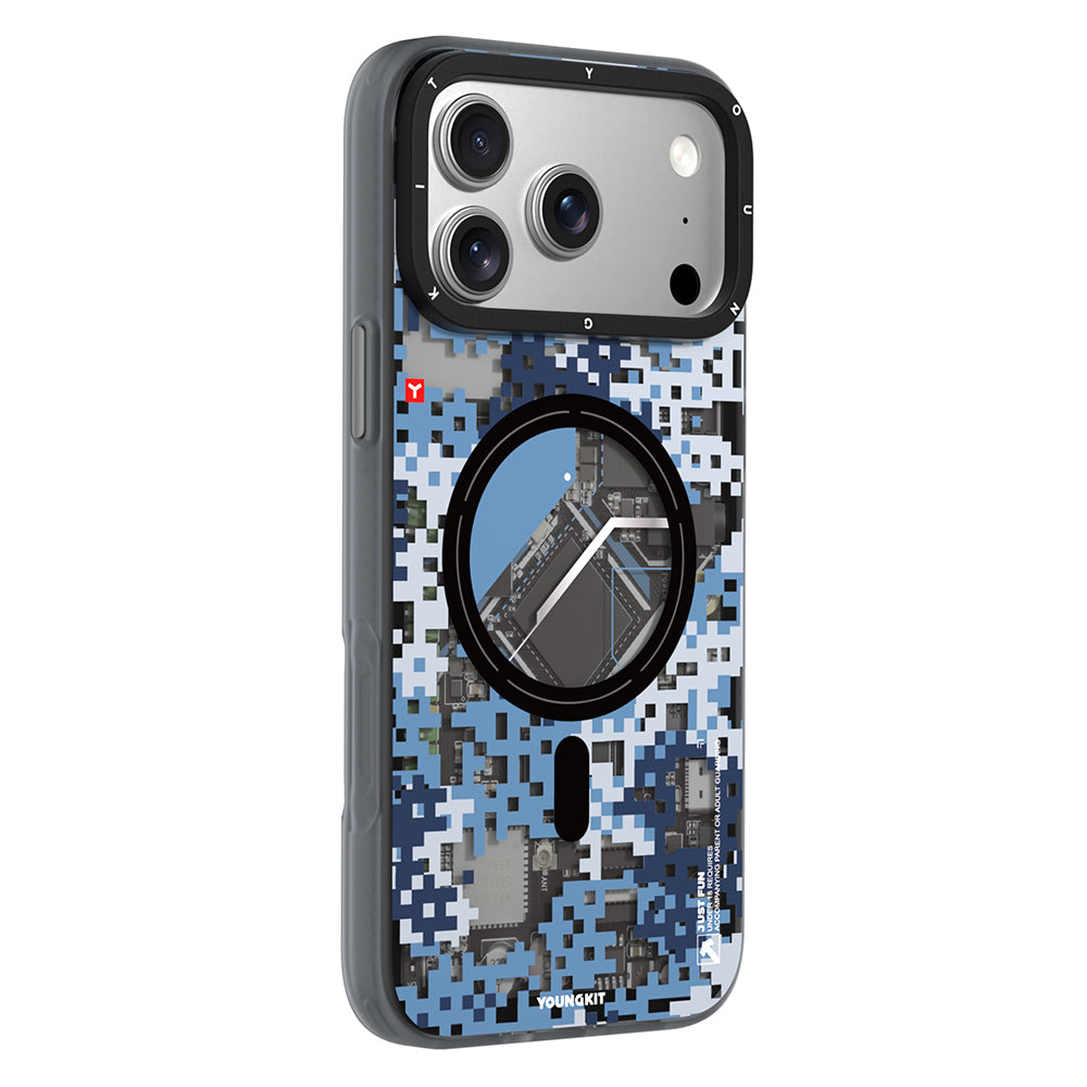 Apple iPhone 17 Pro Max Kılıf M-Safe Şarj Özellikli Youngkit Camouflage Sykell Serisi Kapak Mavi