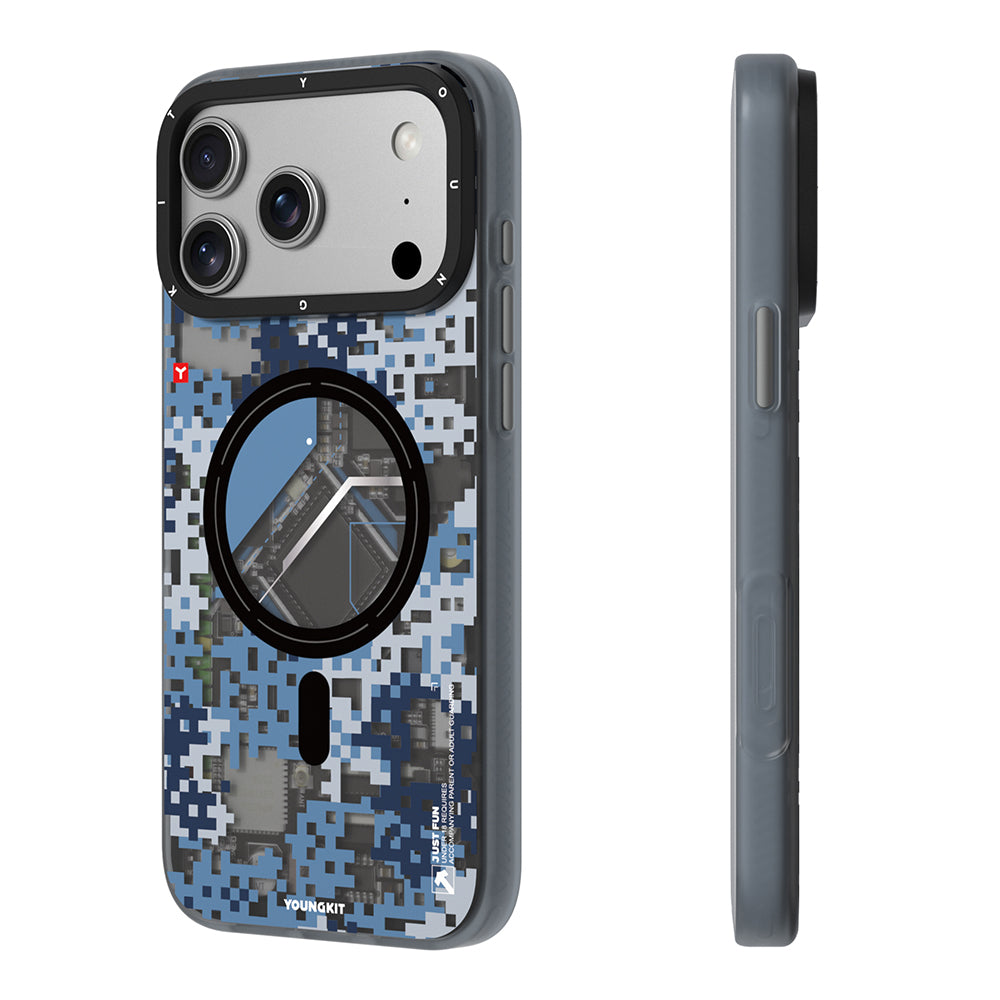 Apple iPhone 17 Pro Max Kılıf M-Safe Şarj Özellikli Youngkit Camouflage Sykell Serisi Kapak Mavi
