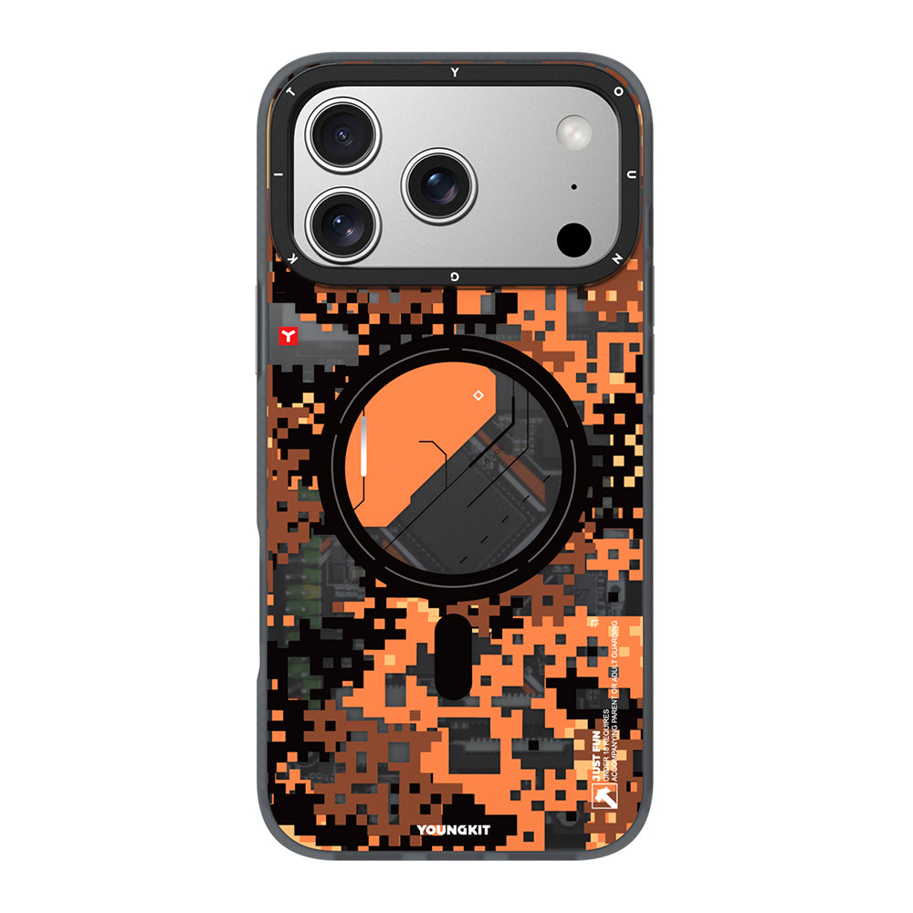 Apple iPhone 17 Pro Max Kılıf M-Safe Şarj Özellikli Youngkit Camouflage Sykell Serisi Kapak Turuncu