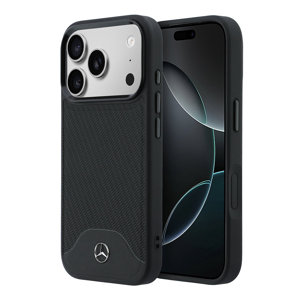 Apple iPhone 17 Pro Max Kılıf Mercedes Benz Orjinal Lisanslı M-safe Şarj Özellikli 3D Metal Logolu Wood Deri Dokumalı Kapak Siyah