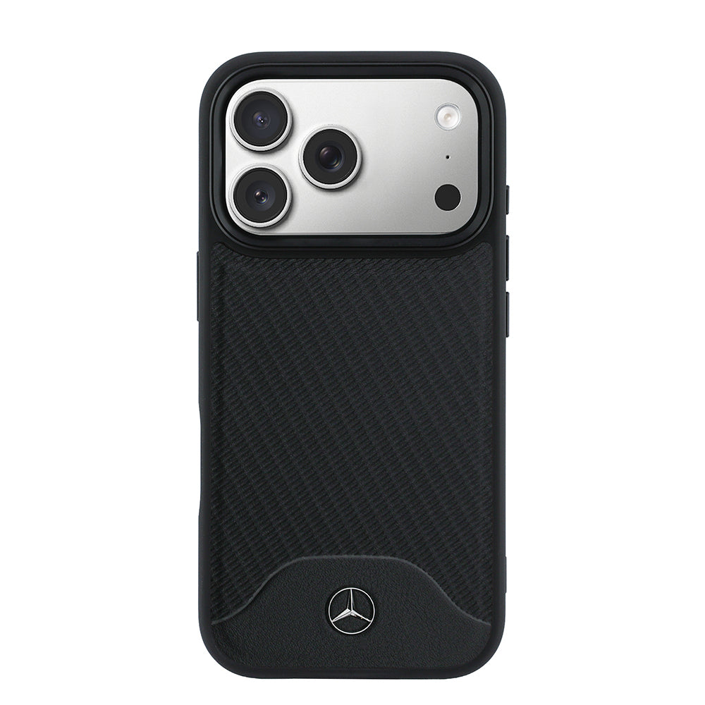 Apple iPhone 17 Pro Max Kılıf Mercedes Benz Orjinal Lisanslı M-safe Şarj Özellikli 3D Metal Logolu Wood Deri Dokumalı Kapak Siyah
