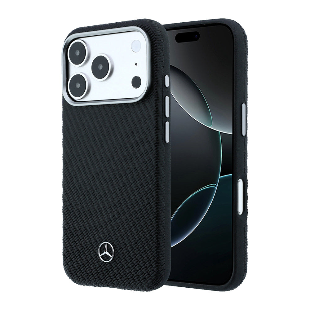 Apple iPhone 17 Pro Max Kılıf Mercedes Benz Orjinal Lisanslı M-safe Şarj Özellikli 3D Metal Logolu Wrap Wood Deri Kapak Siyah
