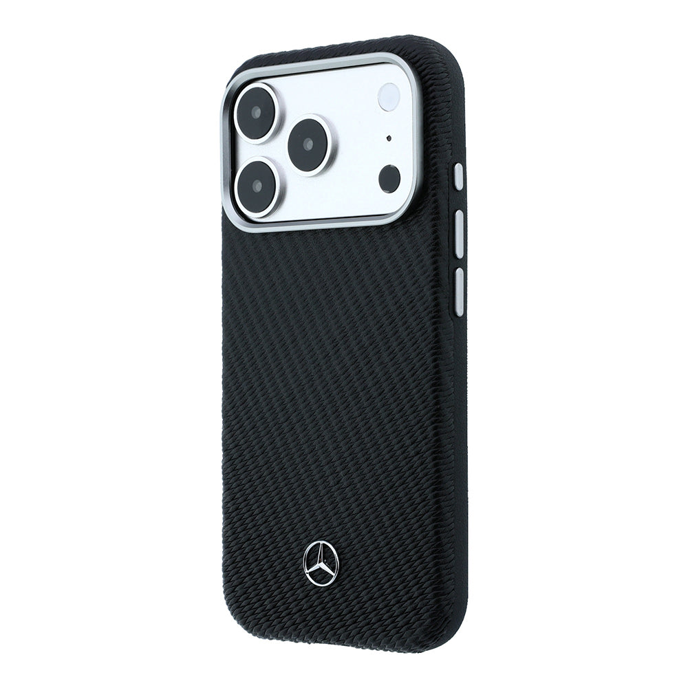 Apple iPhone 17 Pro Max Kılıf Mercedes Benz Orjinal Lisanslı M-safe Şarj Özellikli 3D Metal Logolu Wrap Wood Deri Kapak Siyah