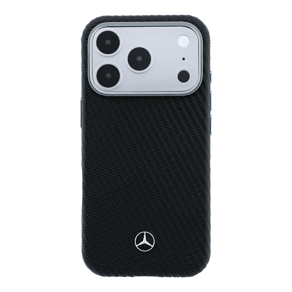 Apple iPhone 17 Pro Max Kılıf Mercedes Benz Orjinal Lisanslı M-safe Şarj Özellikli 3D Metal Logolu Wrap Wood Deri Kapak Siyah
