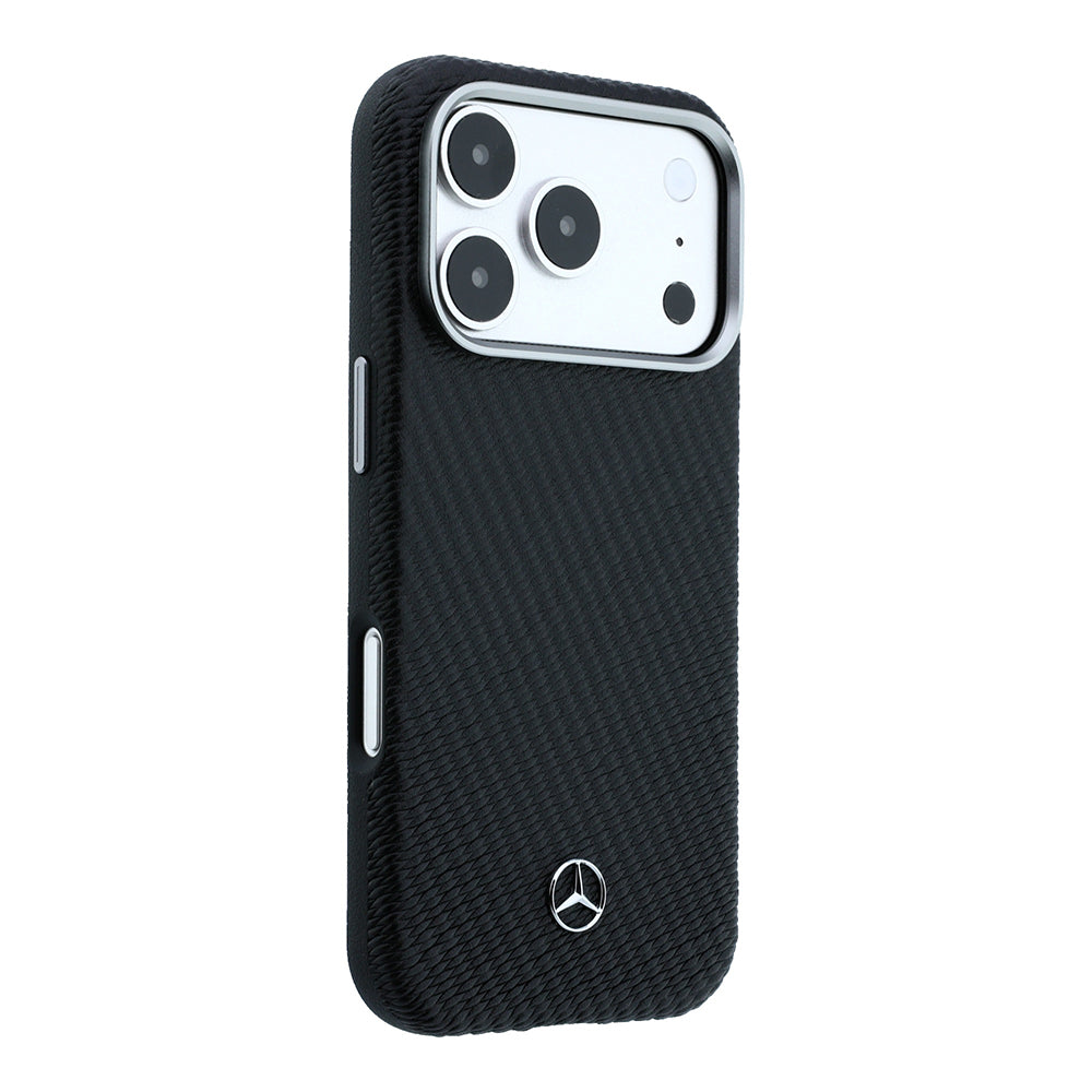 Apple iPhone 17 Pro Max Kılıf Mercedes Benz Orjinal Lisanslı M-safe Şarj Özellikli 3D Metal Logolu Wrap Wood Deri Kapak Siyah
