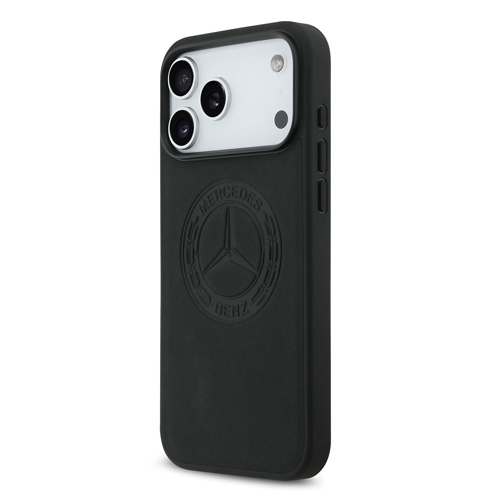 Apple iPhone 17 Pro Max Kılıf Mercedes Benz Orjinal Lisanslı M-safe Şarj Özellikli Hakiki Deri Nostaljik Yıldız Dizayn Kapak Siyah