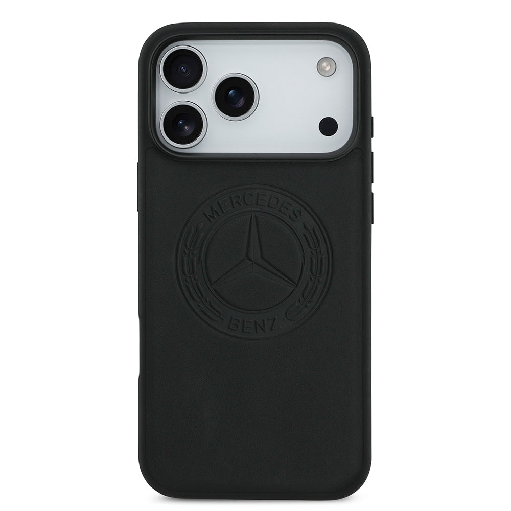 Apple iPhone 17 Pro Max Kılıf Mercedes Benz Orjinal Lisanslı M-safe Şarj Özellikli Hakiki Deri Nostaljik Yıldız Dizayn Kapak Siyah