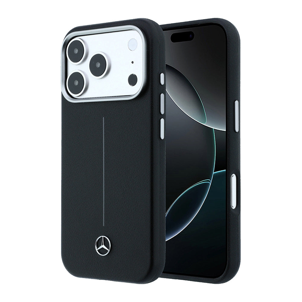 Apple iPhone 17 Pro Max Kılıf Mercedes Benz Orjinal Lisanslı M-safe Şarj Özellikli Metal Yıldız Logolu Çizgili Deri Kapak Siyah
