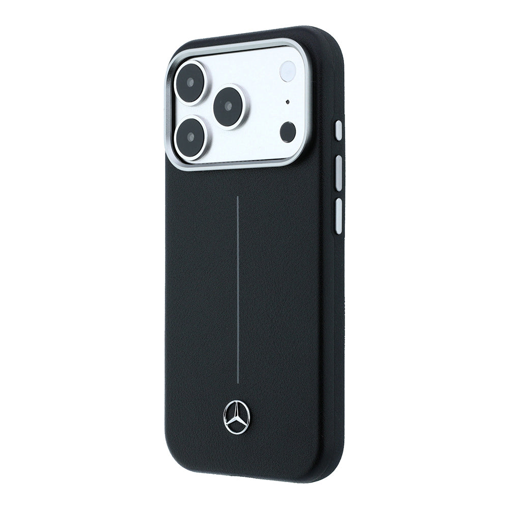 Apple iPhone 17 Pro Max Kılıf Mercedes Benz Orjinal Lisanslı M-safe Şarj Özellikli Metal Yıldız Logolu Çizgili Deri Kapak Siyah