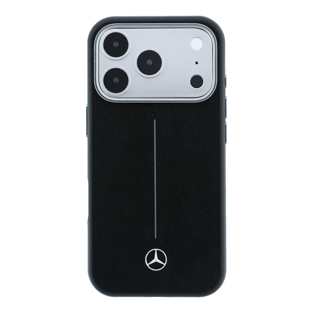 Apple iPhone 17 Pro Max Kılıf Mercedes Benz Orjinal Lisanslı M-safe Şarj Özellikli Metal Yıldız Logolu Çizgili Deri Kapak Siyah