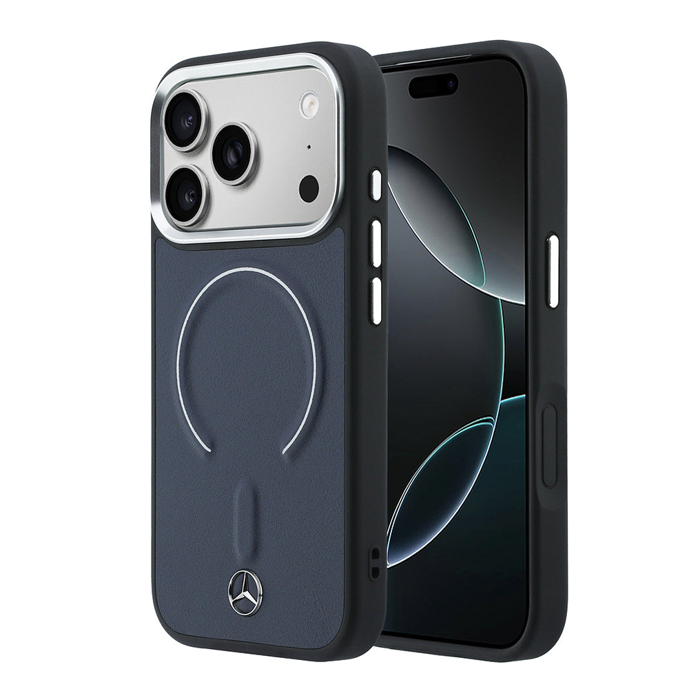 Apple iPhone 17 Pro Max Kılıf Mercedes Benz Orjinal Lisanslı M-safe Şarj Özellikli Metal Yıldız Logolu Kabartmalı Deri Kapak Lacivert