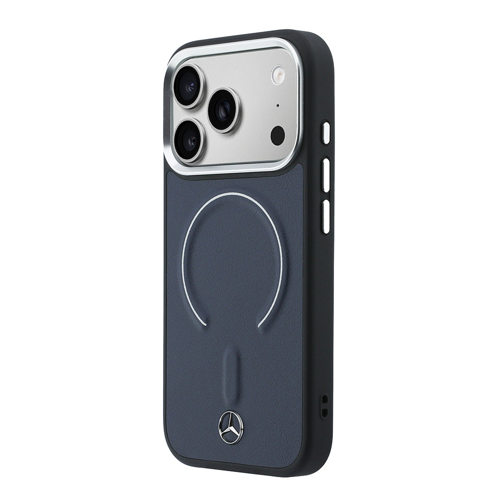 Apple iPhone 17 Pro Max Kılıf Mercedes Benz Orjinal Lisanslı M-safe Şarj Özellikli Metal Yıldız Logolu Kabartmalı Deri Kapak Lacivert
