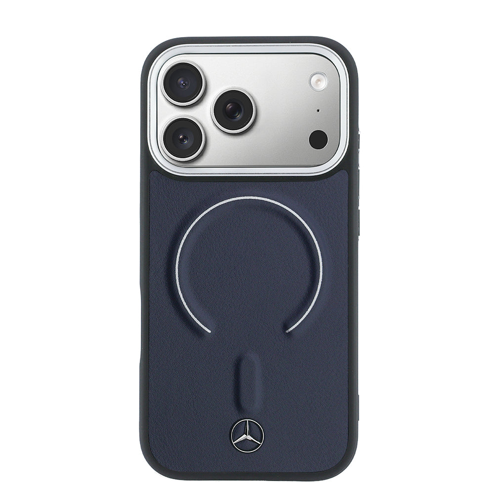 Apple iPhone 17 Pro Max Kılıf Mercedes Benz Orjinal Lisanslı M-safe Şarj Özellikli Metal Yıldız Logolu Kabartmalı Deri Kapak Lacivert
