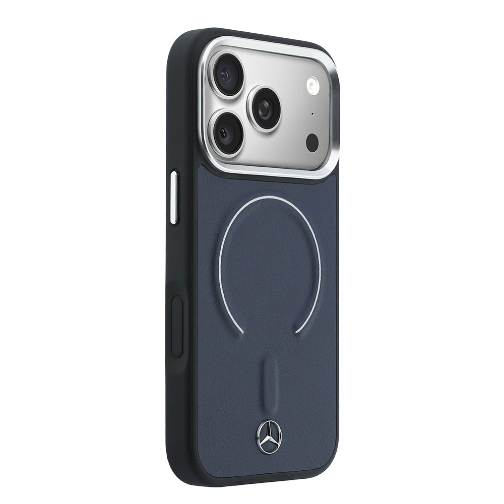 Apple iPhone 17 Pro Max Kılıf Mercedes Benz Orjinal Lisanslı M-safe Şarj Özellikli Metal Yıldız Logolu Kabartmalı Deri Kapak Lacivert