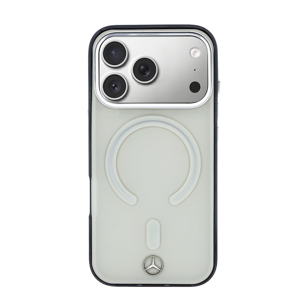 Apple iPhone 17 Pro Max Kılıf Mercedes Benz Orjinal Lisanslı M-safe Şarj Özellikli Saydam Yüzey İkonik 3D Metal Logolu Kapak Bej