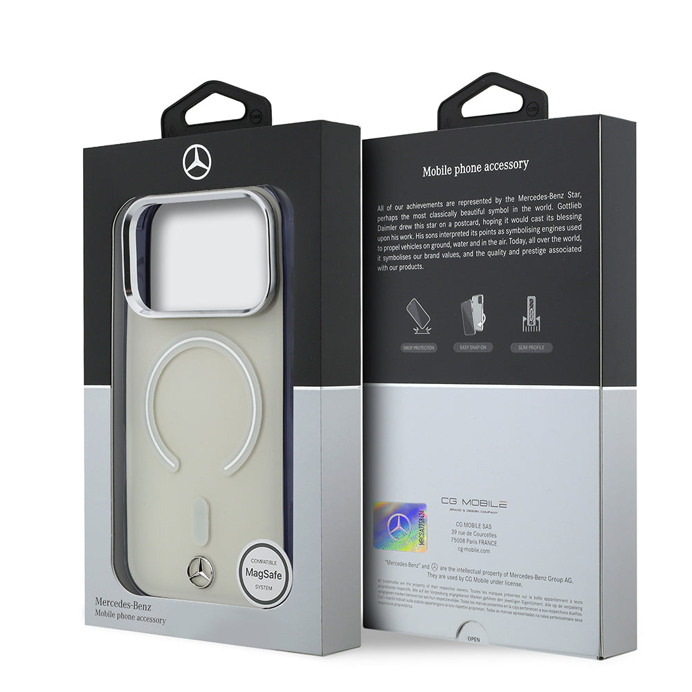 Apple iPhone 17 Pro Max Kılıf Mercedes Benz Orjinal Lisanslı M-safe Şarj Özellikli Saydam Yüzey İkonik 3D Metal Logolu Kapak Bej