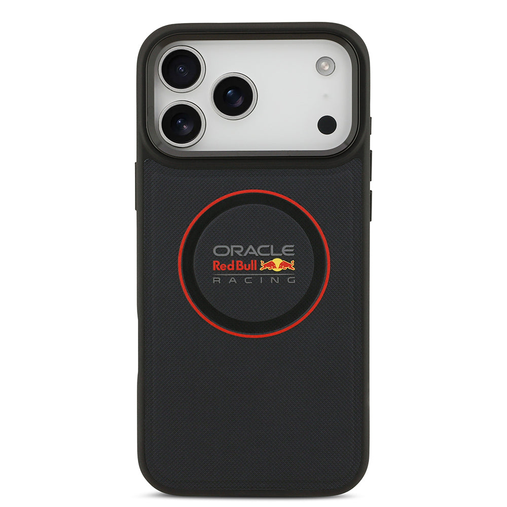 Apple iPhone 17 Pro Max Kılıf Redbull Orjinal Lisanslı M-safe Şarj Özellikli Kırmızı Halka ve Logo Kabartmalı PU Deri Kapak Siyah