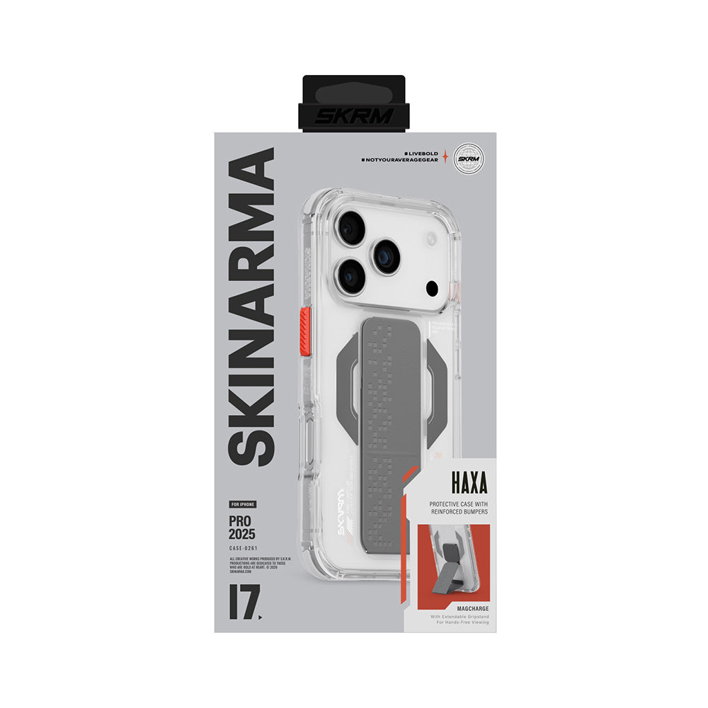 Apple iPhone 17 Pro Max Kılıf Skinarma M-Safe Şarj Özellikli Airbag Tasarımlı Standlı Haxa Kapak Şeffaf