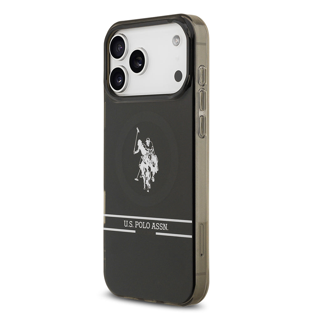 Apple iPhone 17 Pro Max Kılıf U.S. Polo Assn. Orjinal Lisanslı M-safe Şarj Özellikli IML Double Horse Stripe Logolu Kapak Siyah