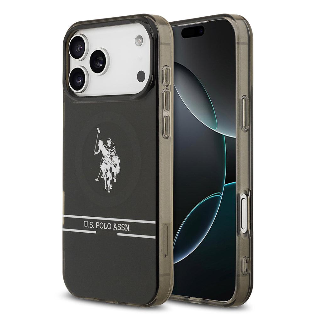 Apple iPhone 17 Pro Max Kılıf U.S. Polo Assn. Orjinal Lisanslı M-safe Şarj Özellikli IML Double Horse Stripe Logolu Kapak Siyah