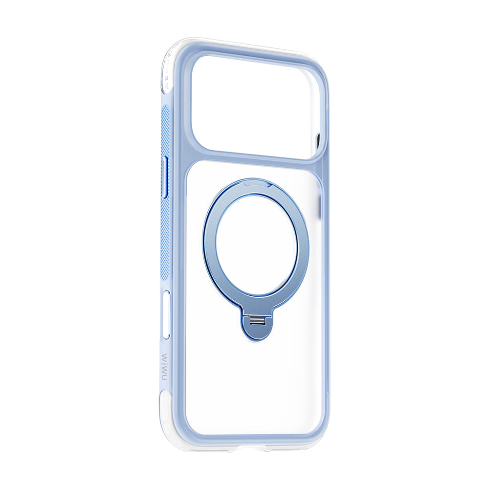 Apple iPhone 17 Pro Max Kılıf Wiwu AG-203 AeroGuard Ultra Serisi M-safe Şarj Özellikli Airbag Tasarımlı Standlı Kapak Açık Mavi