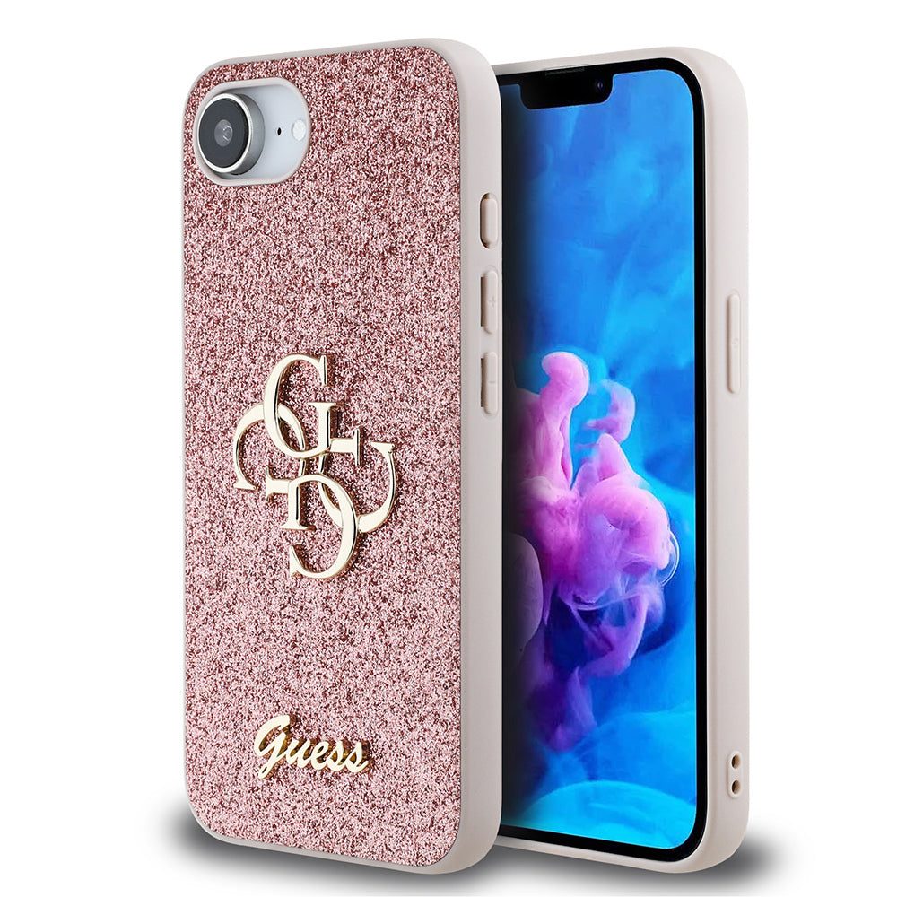 Apple iPhone 17E Kılıf Guess Orjinal Lisanslı 4G Büyük Metal Logolu Glitter Kapak Pembe