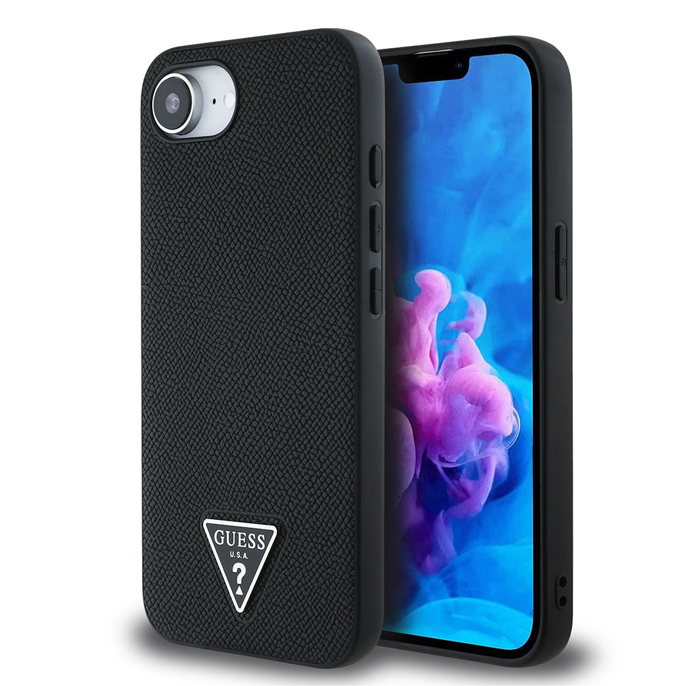 Apple iPhone 17E Kılıf Guess Orjinal Lisanslı M-safe Şarj Özellikli Grained Triangle Kapak Siyah