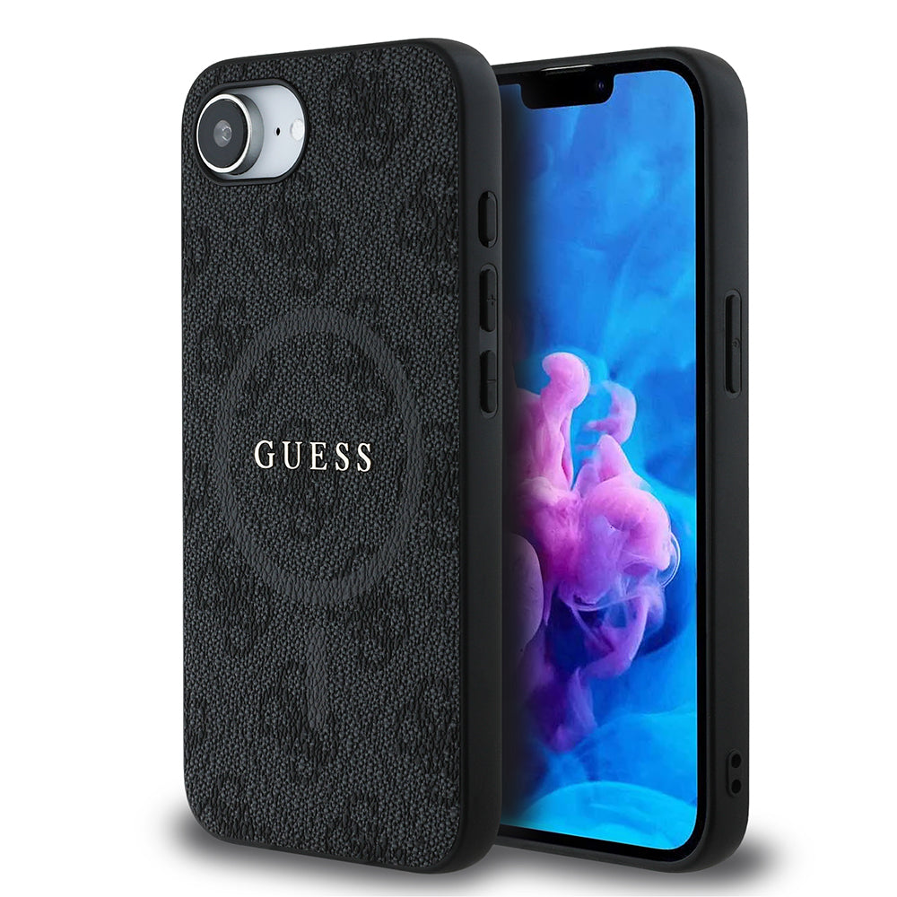 Apple iPhone 17E Kılıf Guess Orjinal Lisanslı M-safe Şarj Özellikli PU Halkalı 4G Desenli Yazı Logolu Kapak Siyah